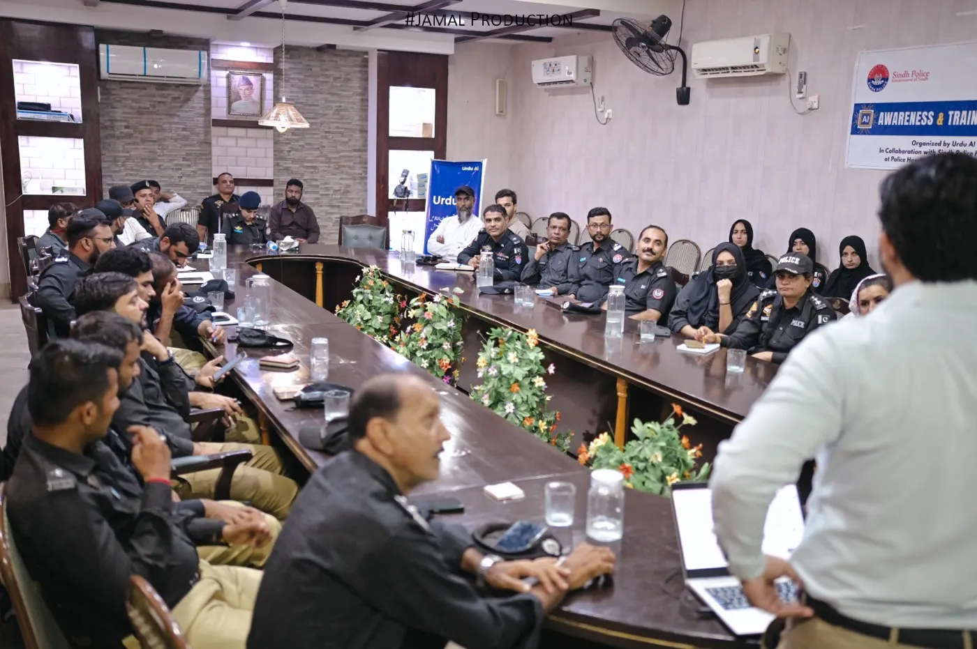 Hyderabad Police officers participating in a responsible AI discussion during an Urdu Ai workshop